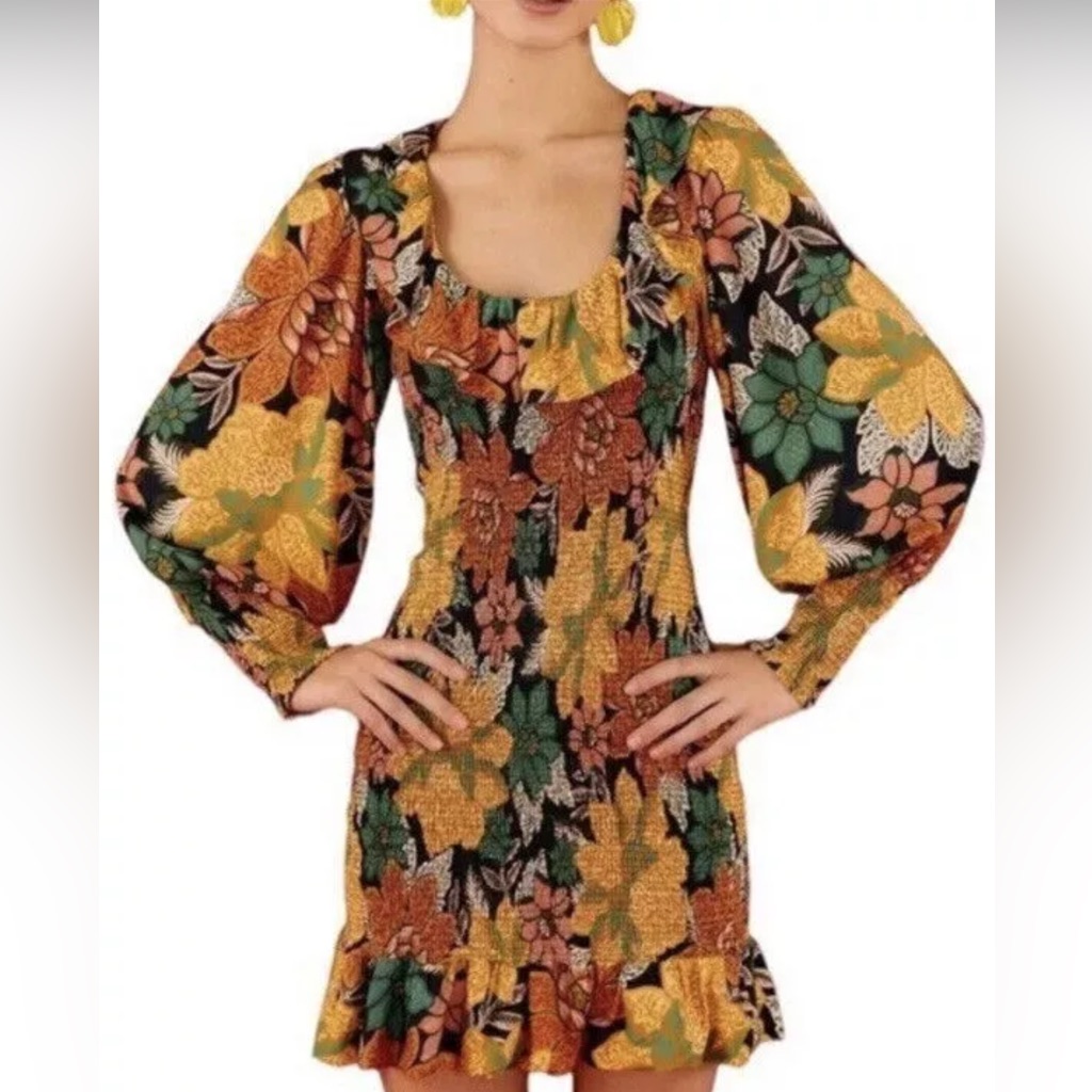 New Farm Rio Garden Black Mini Dress Size S Smocked Long Sleeve Ruffle $230